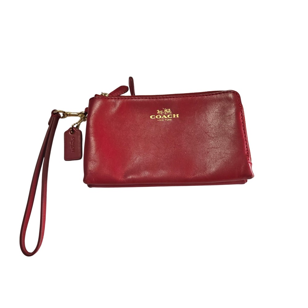 Coach Double Zip Wristlet Bag Women OS Red Leather Gold Hardware G1520-4581